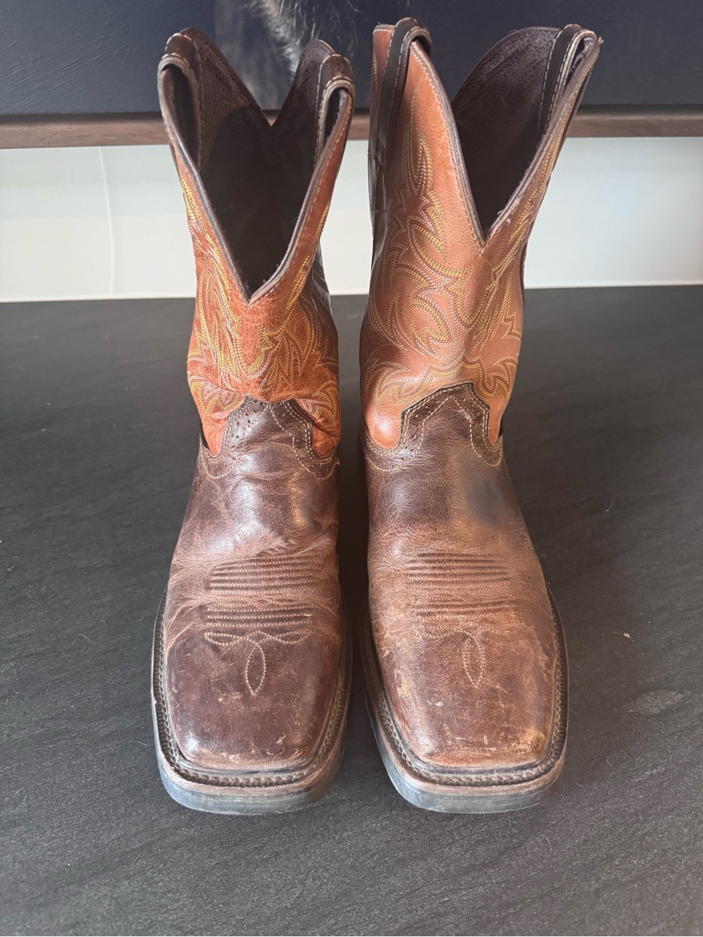 Justin Boots Brown Leather Cowboy Boots with Orange Stitching